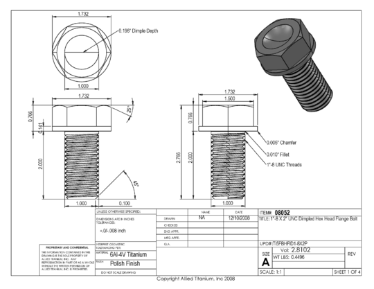 Titanium 1-8 X 2 UNC Allied Titanium Hex Head Flange Bolt